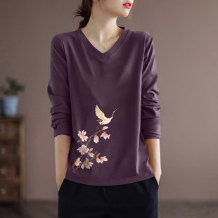 休闲时尚 新款 打底上衣 T恤女秋季 外贸清仓出口100%纯棉减龄V领长袖