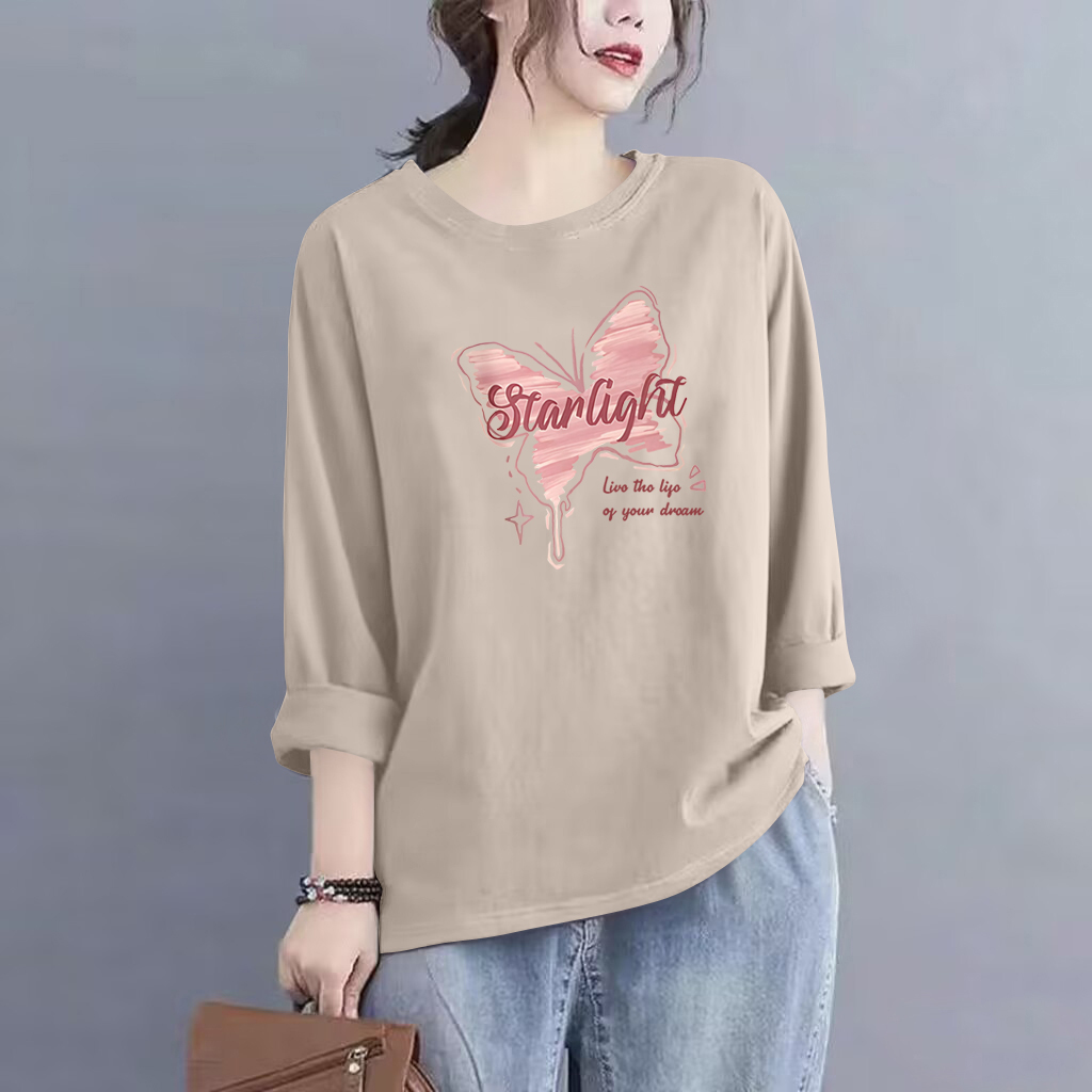 100%纯棉长袖气质t恤女秋上衣