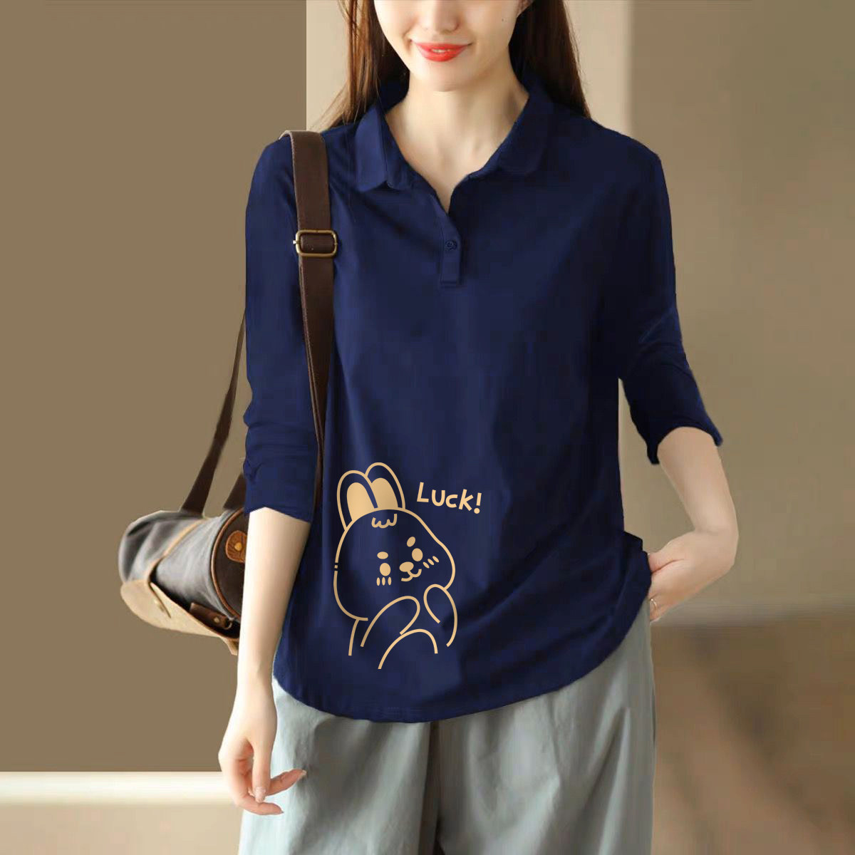 外贸出口清仓100%纯棉时尚长袖POLO衬T恤女宽松显瘦气质休闲上衣