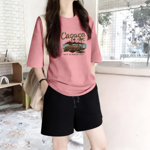 t恤短裤 宽松短袖 两件套 夏季 外贸出口清仓全棉女士休闲运动服套装