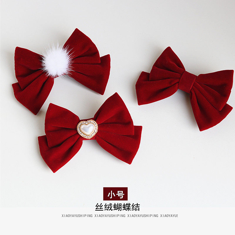 复古双面小号酒红丝绒蝴蝶结发夹刘海夹头饰日韩可爱合金网红发饰