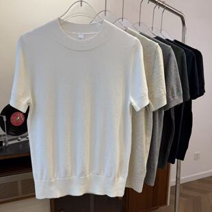 针织衫 棉质横织领口短袖 纯色简约T恤透气柔软6512 柳条儿