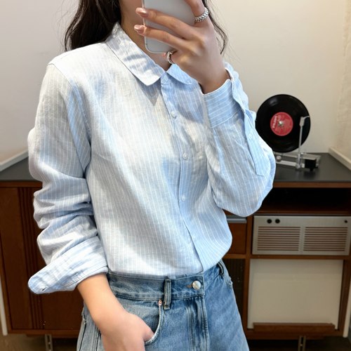 柳条儿汉麻蓝白条纹宽松透气衬衫