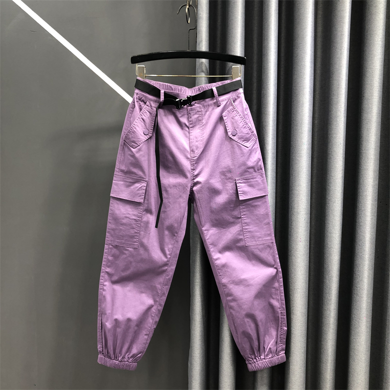 糖果色减龄松紧高腰休闲工装裤欧货女夏新款显瘦时尚束脚哈伦裤潮