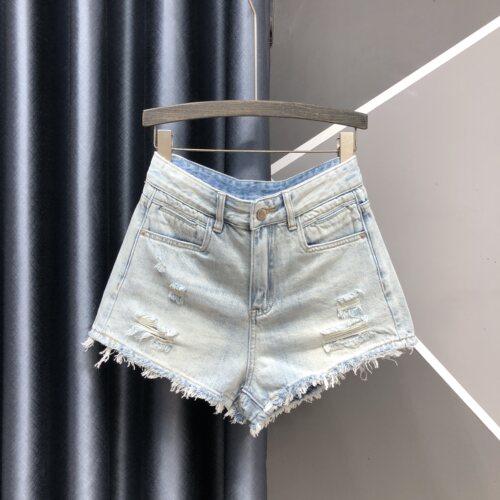 夏季新款高腰破洞毛边牛仔短裤女