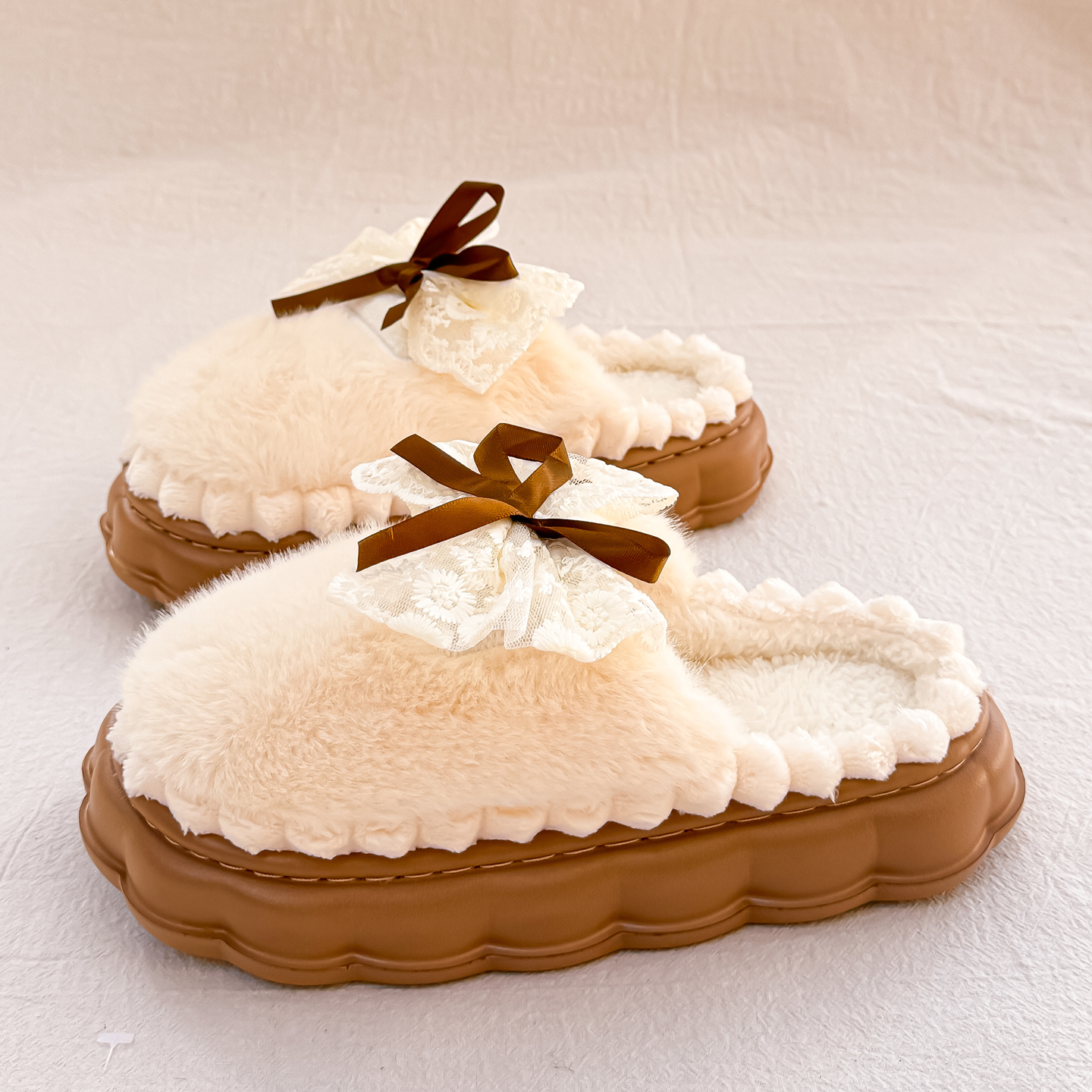 蝴蝶结棉拖鞋女士冬季保暖防滑室内家居2023新款厚底毛毛拖鞋冬天