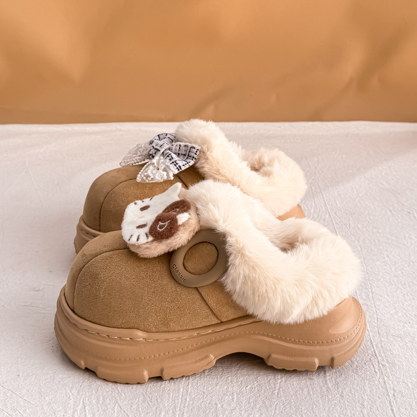 Bzbz可爱加厚毛绒雪地靴女冬季厚底防滑保暖懒人一脚蹬毛毛棉拖鞋