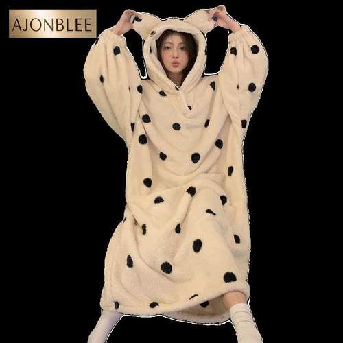 珊瑚绒冬季连体睡裙加厚法兰绒男女同款睡衣可外穿连帽宽松大睡袍