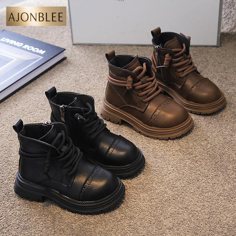 2024秋冬季新款男童靴子黄棕色儿童马丁靴女童英伦风低筒短靴防滑