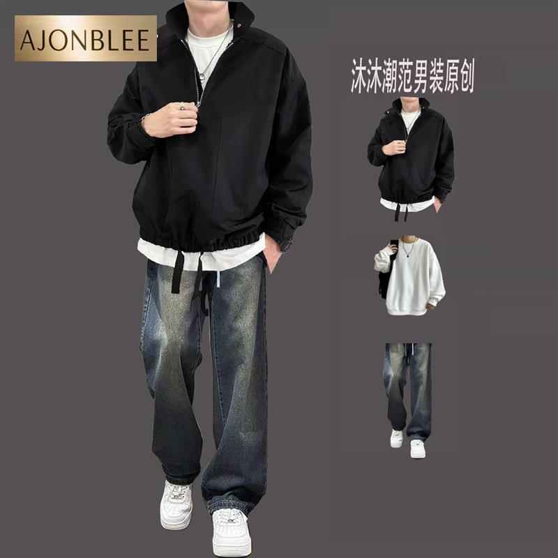 潮牌休闲外套男士美式冲锋衣工装夹克痞帅秋冬季潮流穿搭三件套装