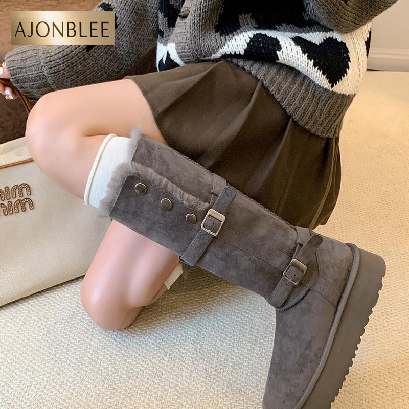 真皮~灰色厚底毛毛保暖雪地靴长筒冬季新款铆钉皮带扣加厚毛棉鞋