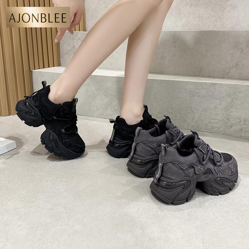 真皮水钻炸街厚底老爹鞋女6cm秋新款百搭超火增高防滑运动休闲鞋