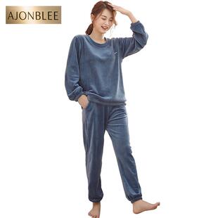 四面高弹力海岛绒睡衣女冬季珊瑚绒松紧缩口法兰绒保暖家居服套装