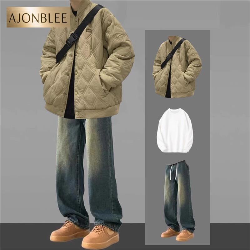 冬季菱形格棉衣外套男生休闲套装痞帅立领棉服一套搭配牛仔裤保暖