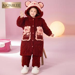 2025新款女童睡衣冬季加厚款珊瑚绒loopy儿童女孩三层夹棉家居服