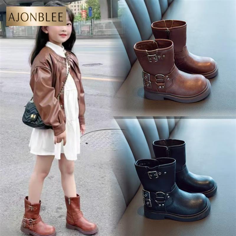 女童马丁靴2025春新款儿童中筒长筒靴子牛仔靴女孩洋气工装皮短靴