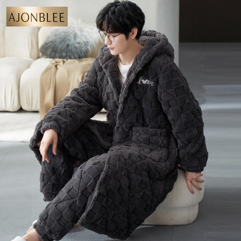 睡衣男款冬季男士珊瑚绒加绒加厚三层夹棉冬天睡袍豪家居服秋冬款