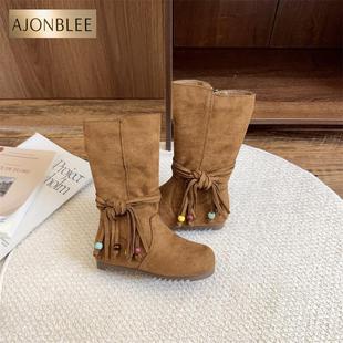 绒面秋款 单靴草原穿塔民族风儿童女童长筒长靴子高筒马丁女孩瘦瘦