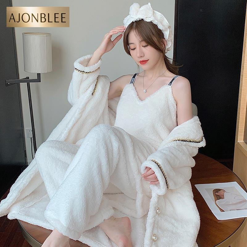 睡衣女秋冬季珊瑚绒睡裙睡袍加绒加厚保暖三件套可外穿白色家居服