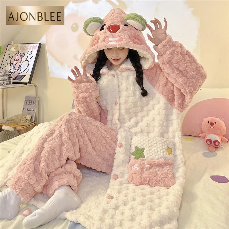 秋冬装亲子母女珊瑚绒睡衣女童加厚中大童卡通儿童宝宝睡袍家居服