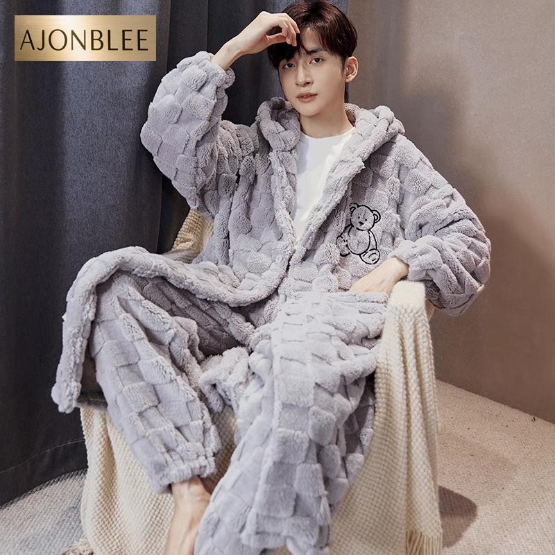 睡衣男款冬季男士珊瑚绒加绒加厚法兰绒长款浴袍精炼睡袍男秋冬款