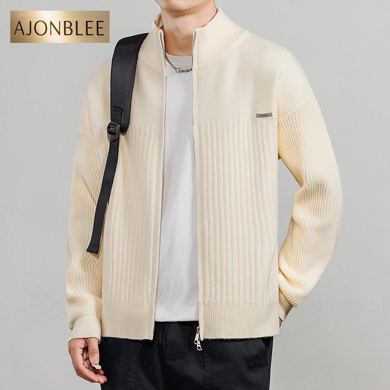 针织开衫外套男士春秋季2024新款轻熟风立领夹克青年加厚外穿毛衣