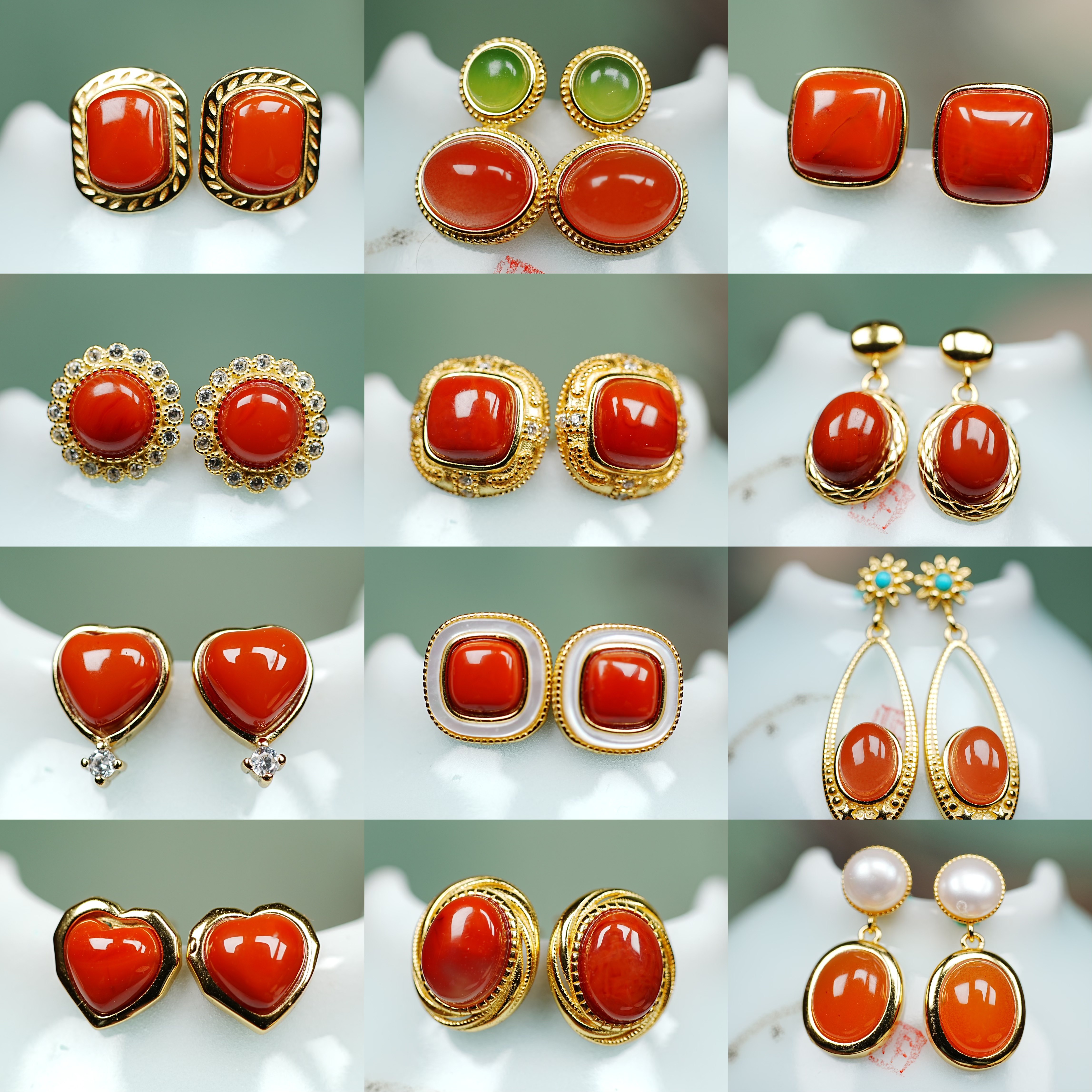 【妆匣9天然川料南红玛瑙保山冰红银镀金耳钉坠扣勾戒指 素年小铺