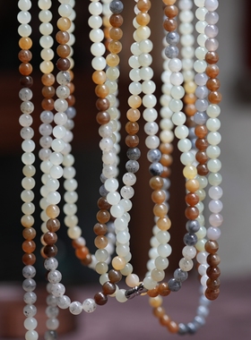 秋意浓。新疆和田玉6毫米108颗楼兰三色多宝项链 配证书