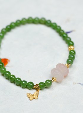 俄碧玉5mm淡苹果绿银镀金糖果玛瑙并蒂莲路路通手链串 L1