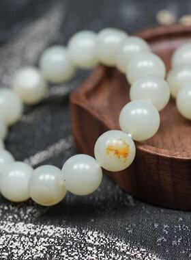 青玉案。天然新疆籽料和田玉青白玉12毫米带皮圆珠手链 配证书