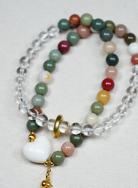 冰糖奶昔。阿拉善玛瑙彩玉奶昔玉化6.5毫米白水晶双圈手链串B73