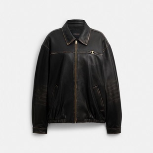 香港coach蔻驰新款女士皮衣外套 做旧皮革HERITAGE C宽大型夹克