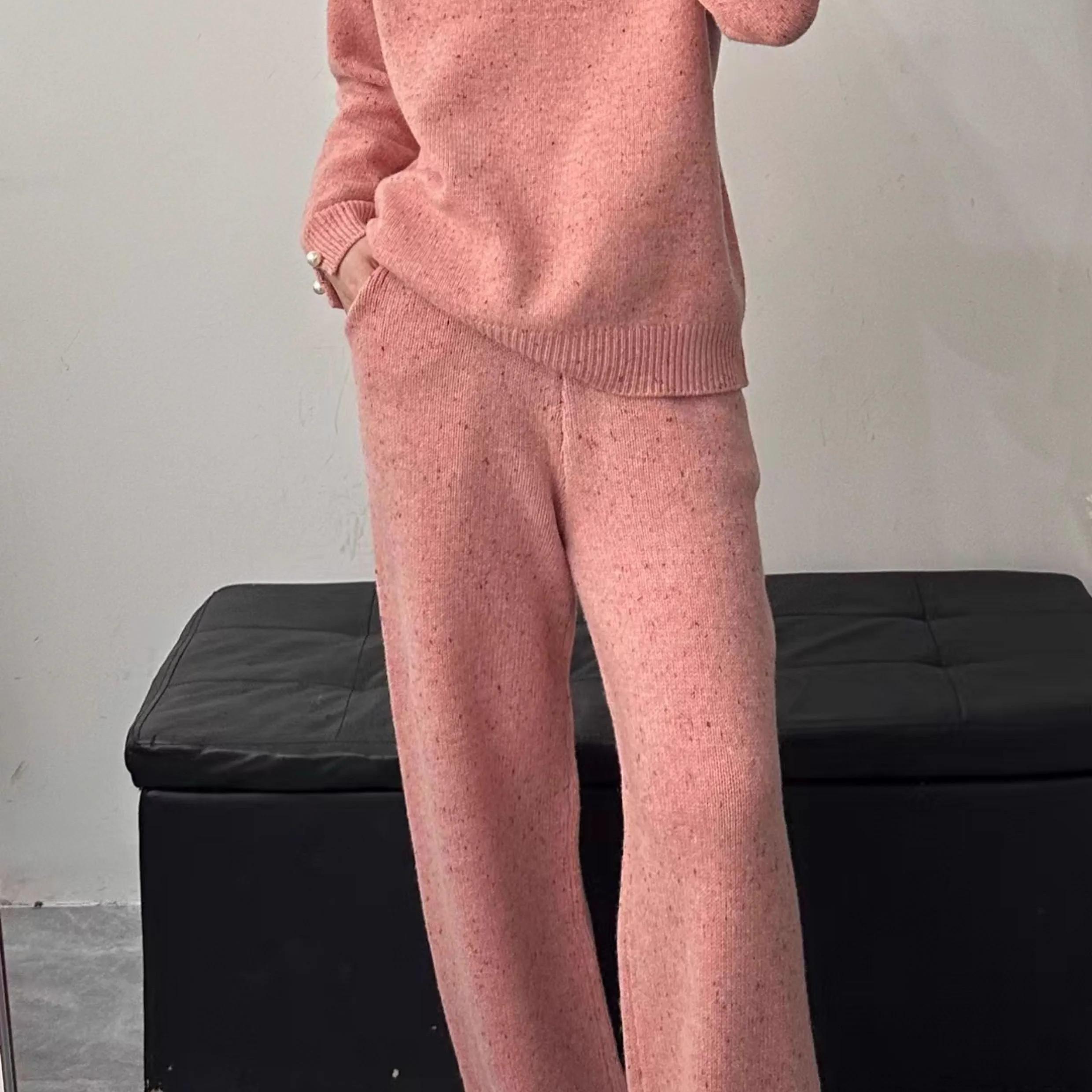 秋冬新款羊绒针织毛衣套装宽松圆领上衣半身裙两件套洋气粉色休闲