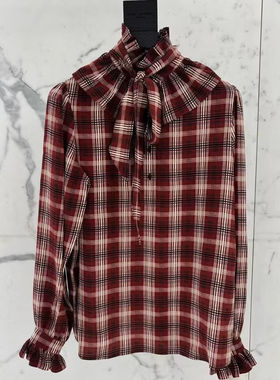 复古格纹衬衫女长袖荷叶边领口酒红色格子上衣2025冬季新品