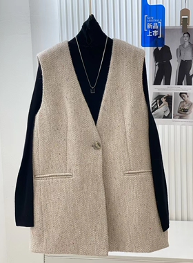秋冬新款羊毛马甲外套v领中长款后开叉时尚个性精品舒适百搭款美