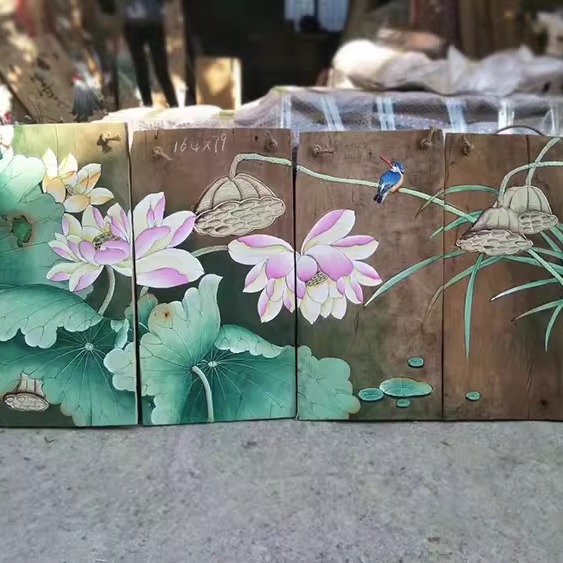 风化木板画手绘漆画复古怀旧墙面装饰实木挂件荷花禅意佛像佛光普图片