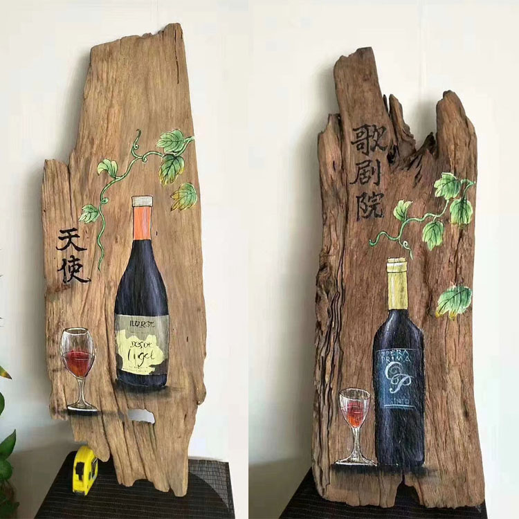风化木板画手绘漆画复古怀旧墙面装饰实木挂件酒馆禅意红酒画挂画图片