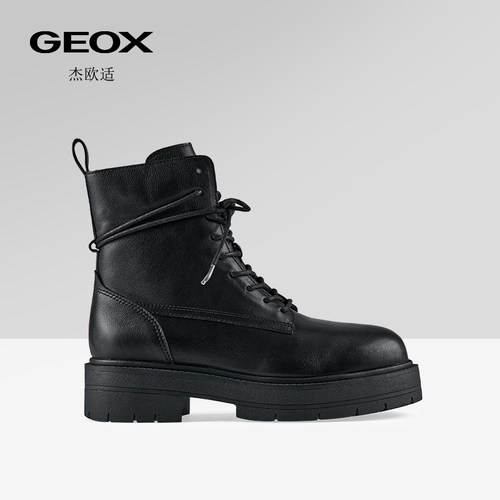 GEOX杰欧适秋冬款女靴纯色复古真皮圆头粗跟系带短靴时装靴