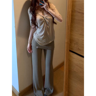 女春秋高腰垂地显瘦慵懒风喇叭运动卫裤 假两件屁帘微喇裤 露思同款