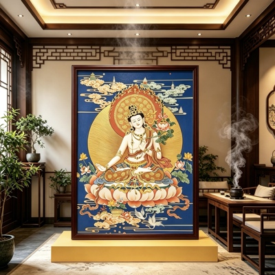 尼泊尔精品白文殊唐卡居家好物书房办公室摆件装饰画