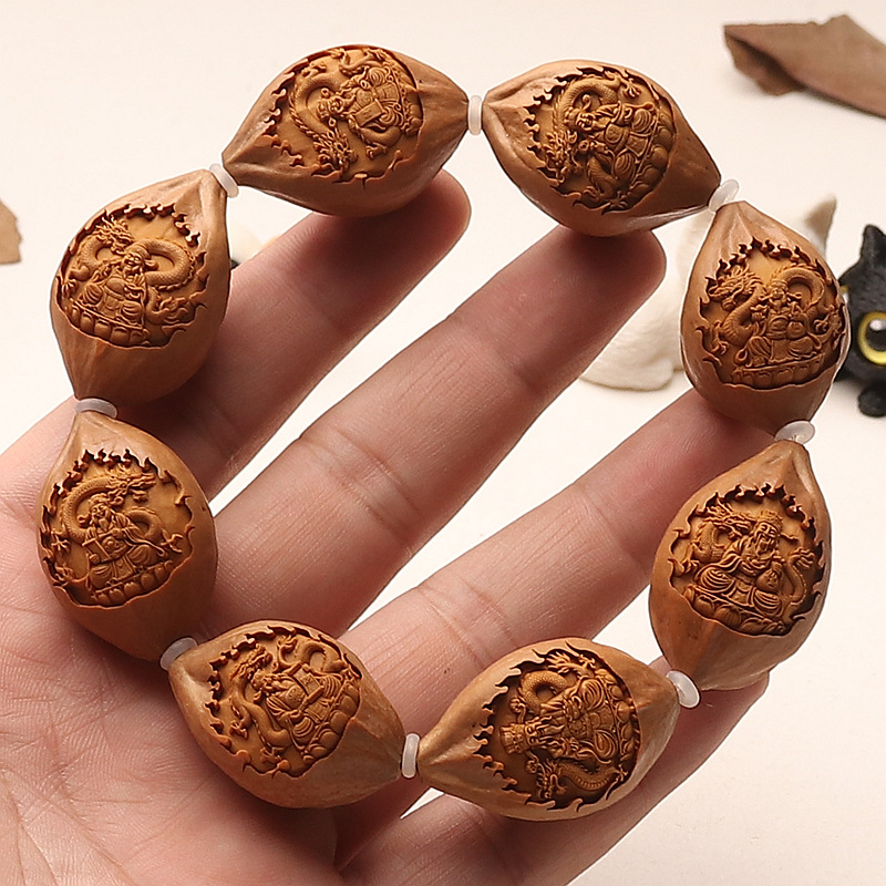 橄榄核手工雕刻御龙财神原皮八大财神爷男女款手链文玩手串
