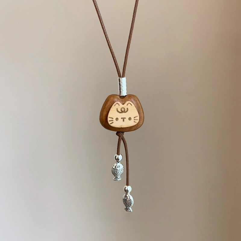 小鱼转转猫 桃木皮绳项链小众可爱独特百搭设计毛衣链长款百搭女