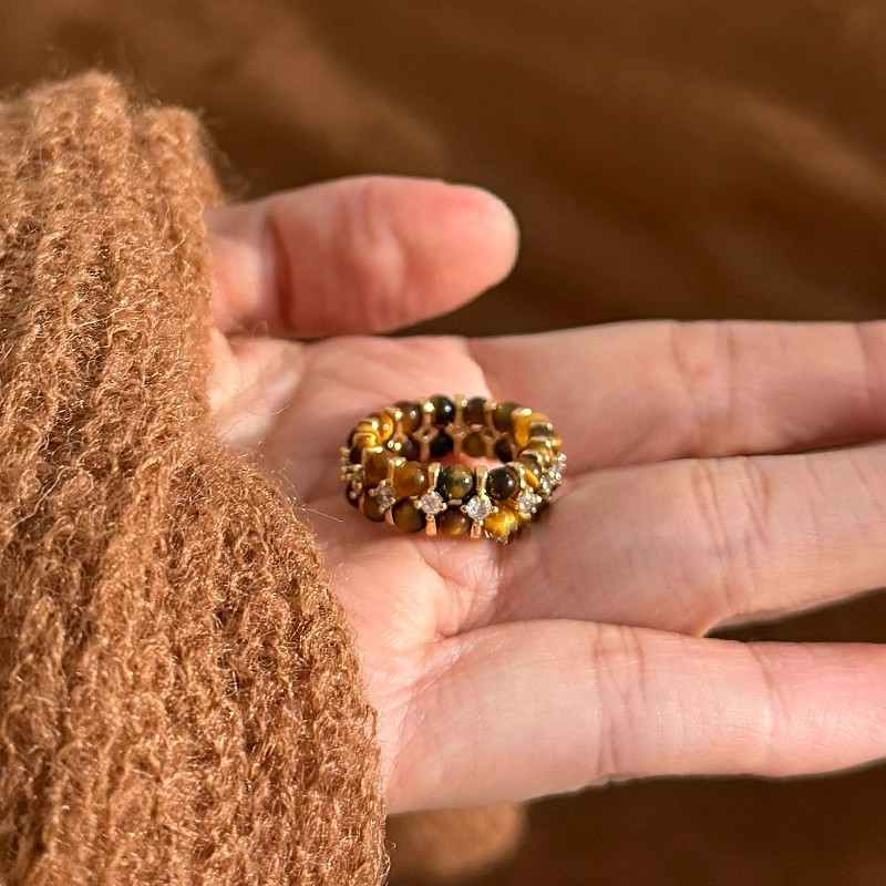 2026年新款简约复古INS秋冬美拉德高级感系天然虎眼石弹力戒指