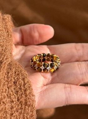 2026年新款简约复古INS秋冬美拉德高级感系天然虎眼石弹力戒指