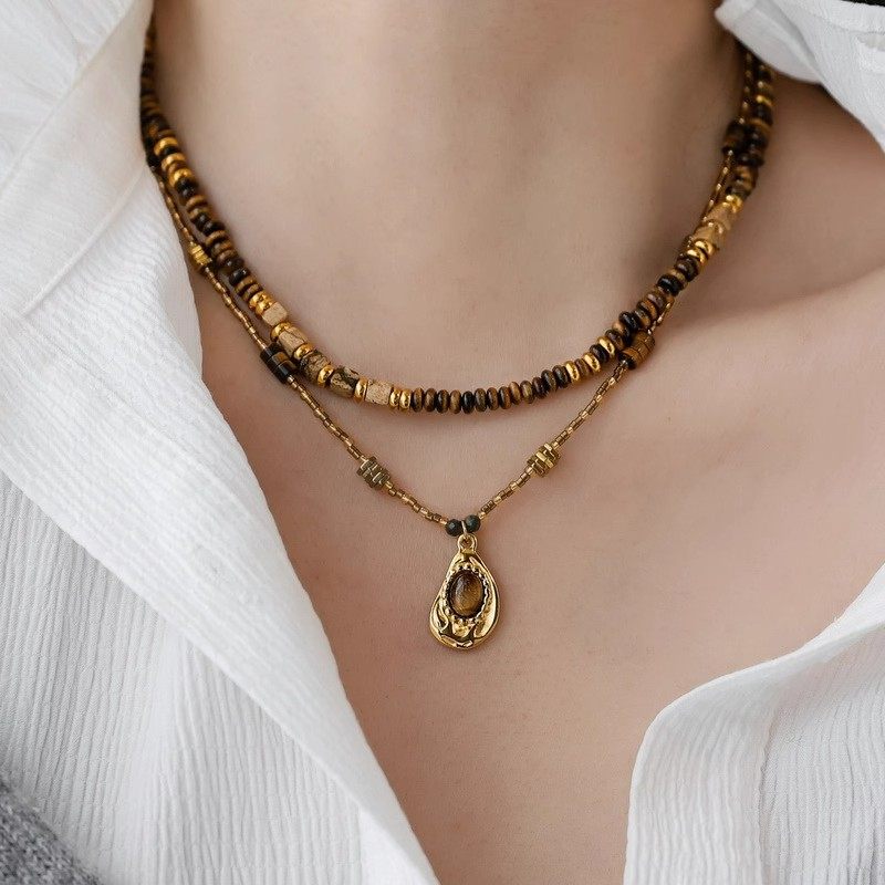 美拉德风虎眼石隔片串珠项链女锁骨链颈链叠戴设计高级感小众复古
