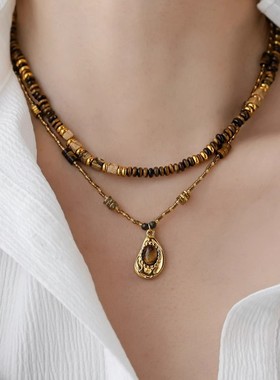 美拉德风虎眼石隔片串珠项链女锁骨链颈链叠戴设计高级感小众复古