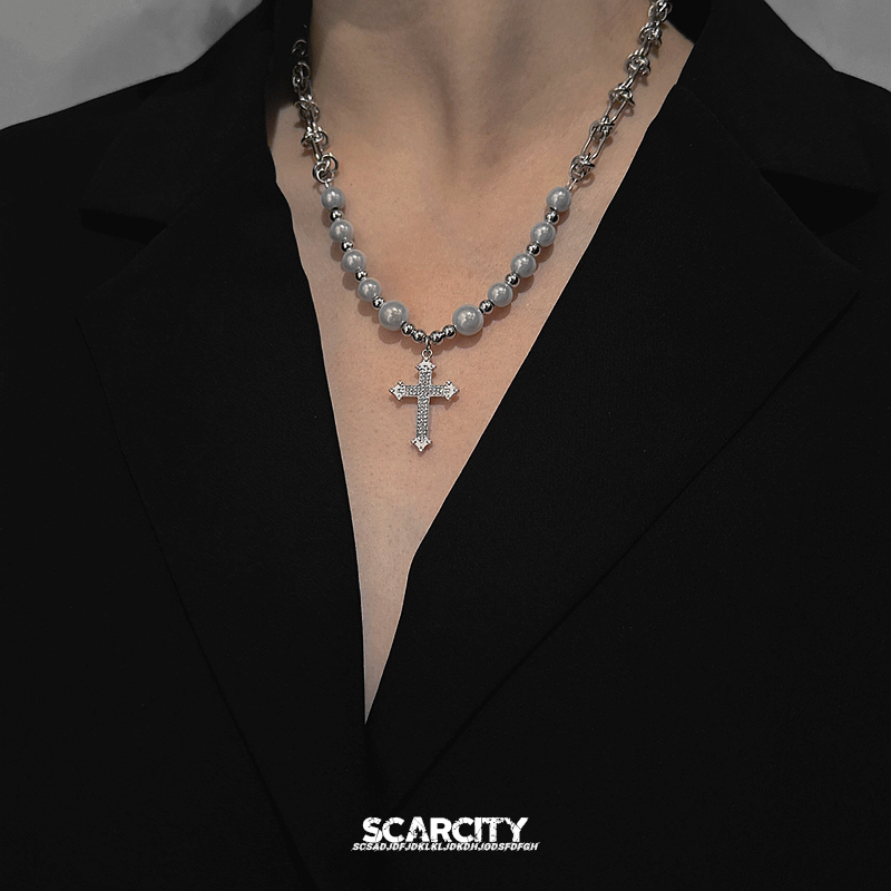 轻奢反光珍珠十字架项链男款潮牌嘻哈小众设计高级感配饰锁骨链女