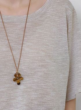 韩国2025秋冬新款天然虎石花朵吊坠长款毛衣链美拉德项链轻奢高级