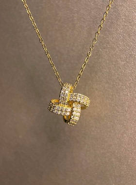超闪满钻金色几何交叉项链韩系简约时尚轻奢高级感小众麻花锁骨链