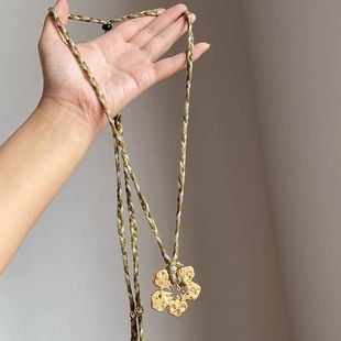 扶桑花~ins博主同款复古金色花朵穿绳项链个性时尚度假风编织颈链